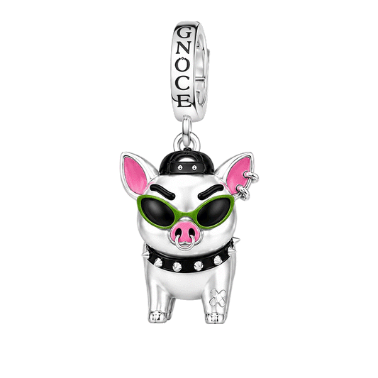 Gnoce Punk Glow‑in‑the‑dark Carefree Pig Rebel Clasp Dangle Charm Platinum‑plated Silver Blend_1