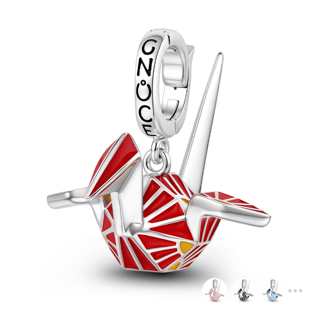 Gnoce Japanese Red Origami Crane Clasp Dangle Charm Platinum-plated Silver Blend_1