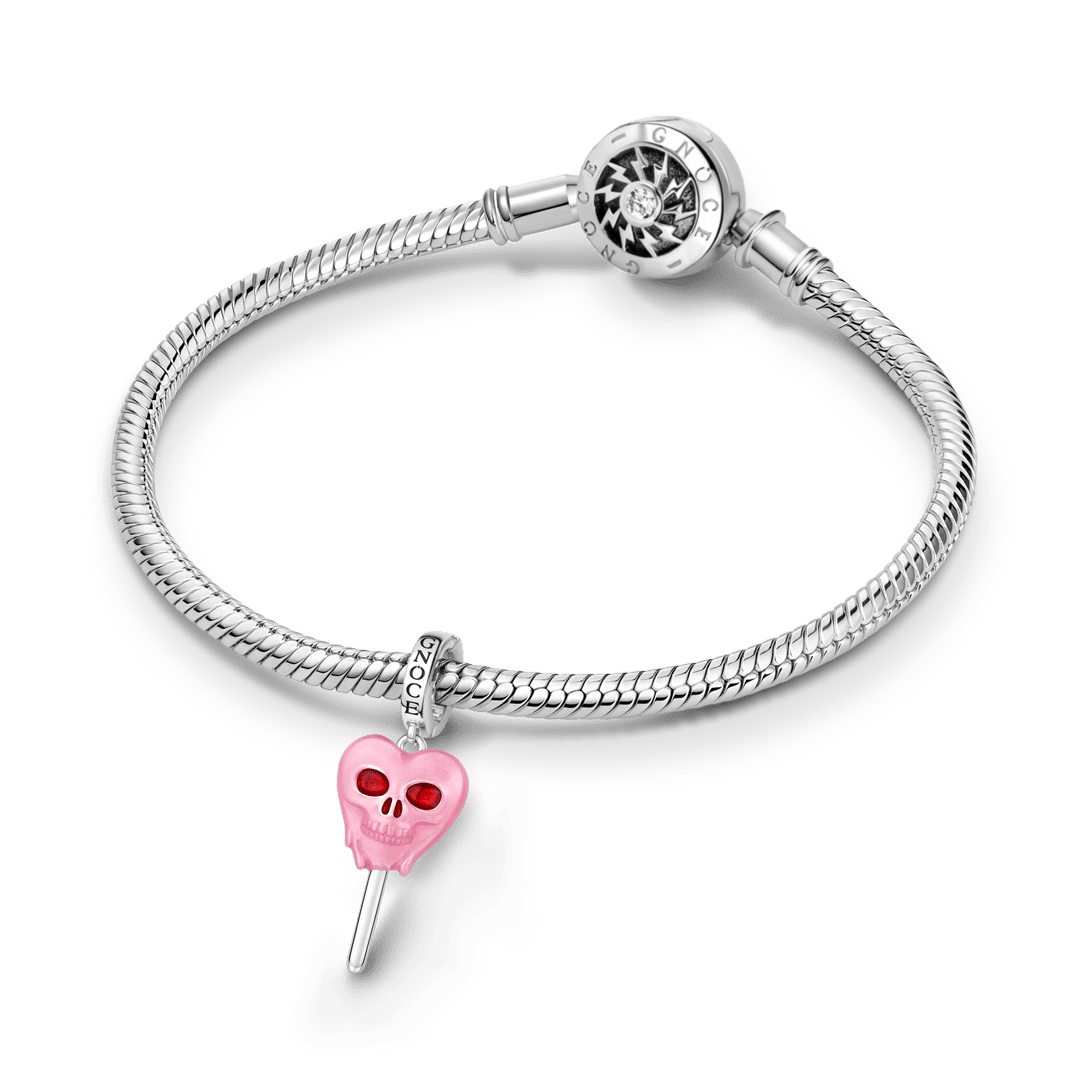 Gnoce Glow-in-the-dark Halloween Heart Skull Lollipop Engravable Dangle Charm Platinum-plated Silver Blend_4