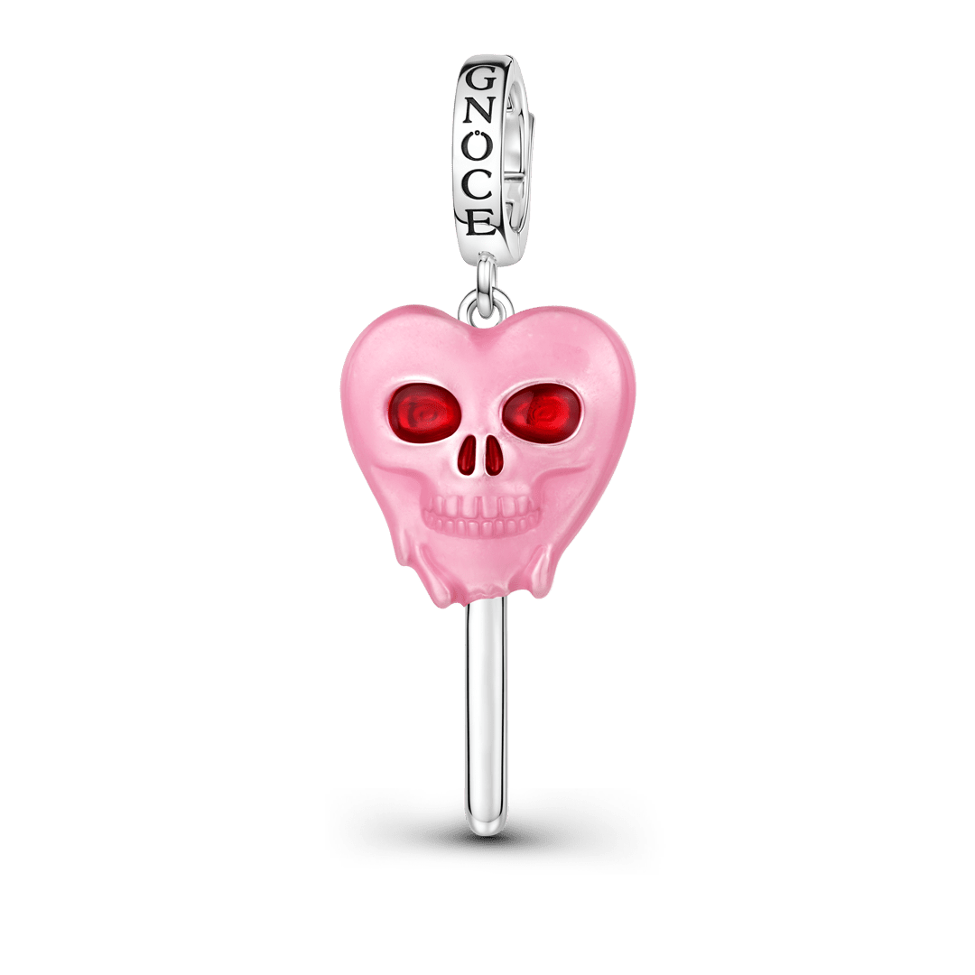 Gnoce Glow-in-the-dark Halloween Heart Skull Lollipop Engravable Dangle Charm Platinum-plated Silver Blend_2