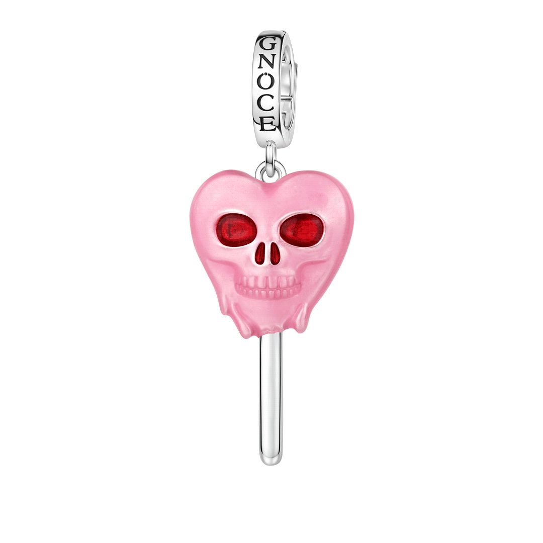 Gnoce Glow-in-the-dark Halloween Heart Skull Lollipop Engravable Dangle Charm Platinum-plated Silver Blend_1