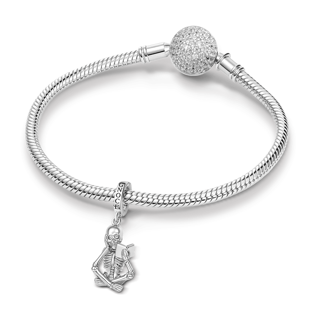 Gnoce Halloween Reading Skeleton Clasp Dangle Charm Platinum-plated Silver Blend_3