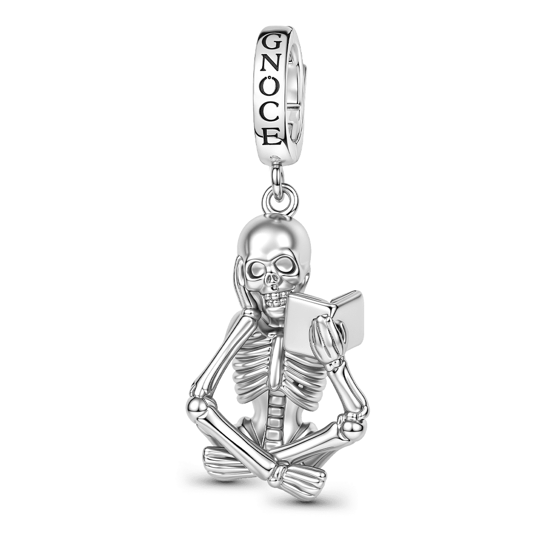 Gnoce Halloween Reading Skeleton Clasp Dangle Charm Platinum-plated Silver Blend_1