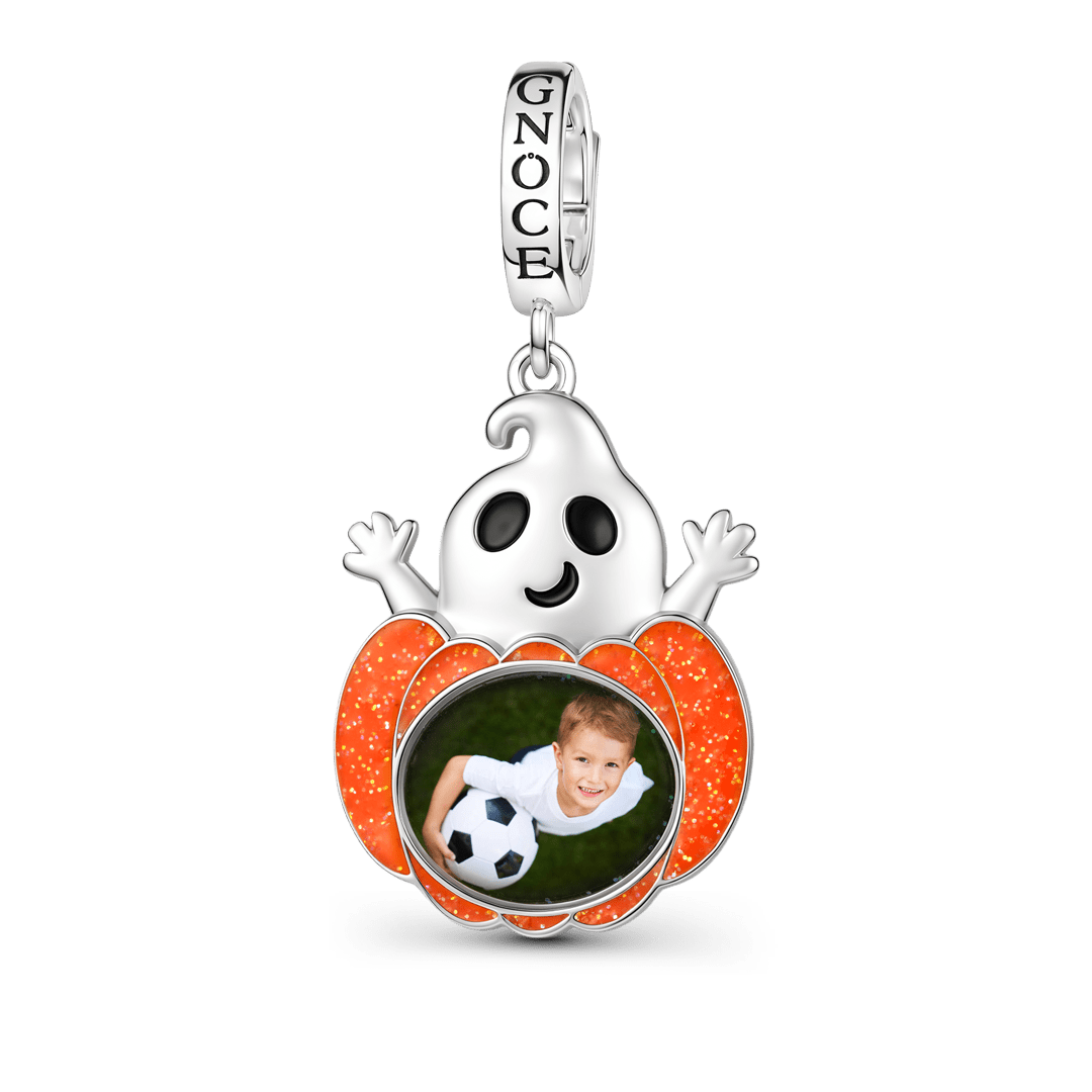 Gnoce Glow-in-the-dark Halloween Ghost Pumpkin Photo Engravable Clasp Dangle Charm Platinum-plated Silver Blend_6