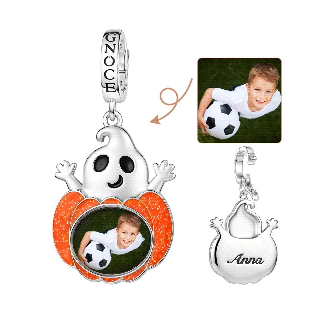 Gnoce Glow-in-the-dark Halloween Ghost Pumpkin Photo Engravable Clasp Dangle Charm Platinum-plated Silver Blend_1