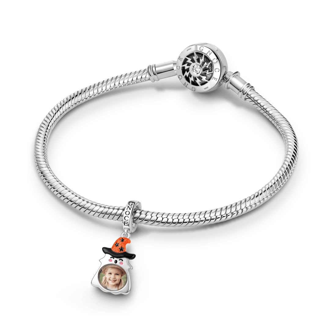 Gnoce Glow-in-the-dark Halloween Ghost Witch Hat Photo Engravable Clasp Dangle Charm Platinum-plated Silver Blend_3