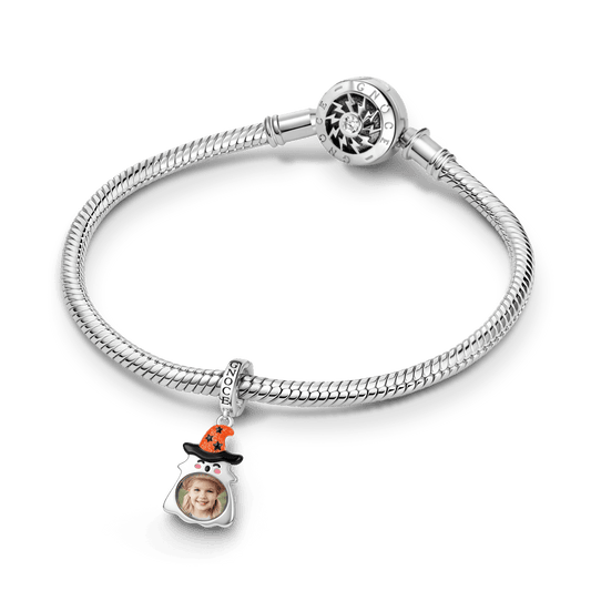 Gnoce Glow-in-the-dark Halloween Ghost Witch Hat Photo Engravable Clasp Dangle Charm Platinum-plated Silver Blend_3
