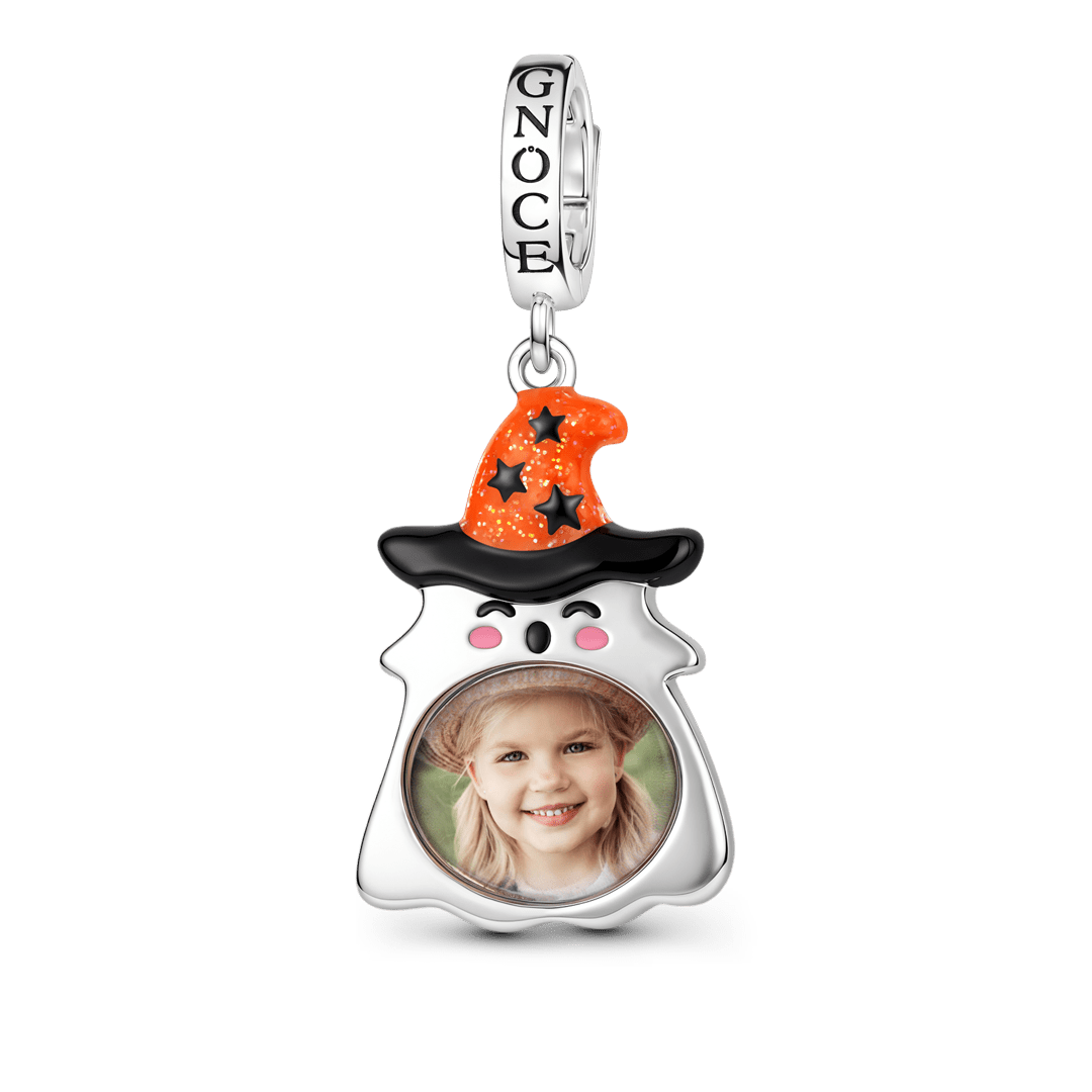 Gnoce Glow-in-the-dark Halloween Ghost Witch Hat Photo Engravable Clasp Dangle Charm Platinum-plated Silver Blend_5