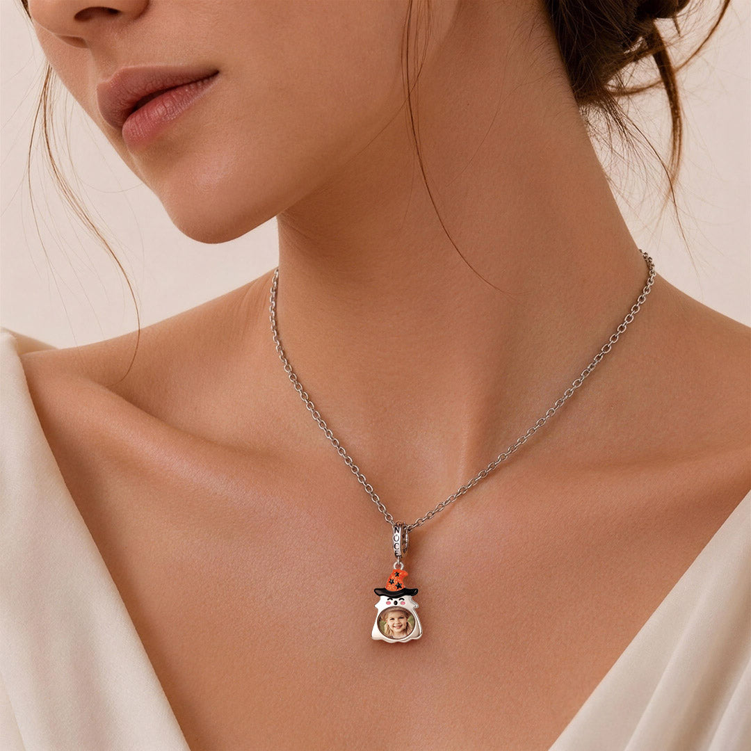 Gnoce Glow-in-the-dark Halloween Ghost Witch Hat Photo Engravable Clasp Dangle Charm Platinum-plated Silver Blend_2