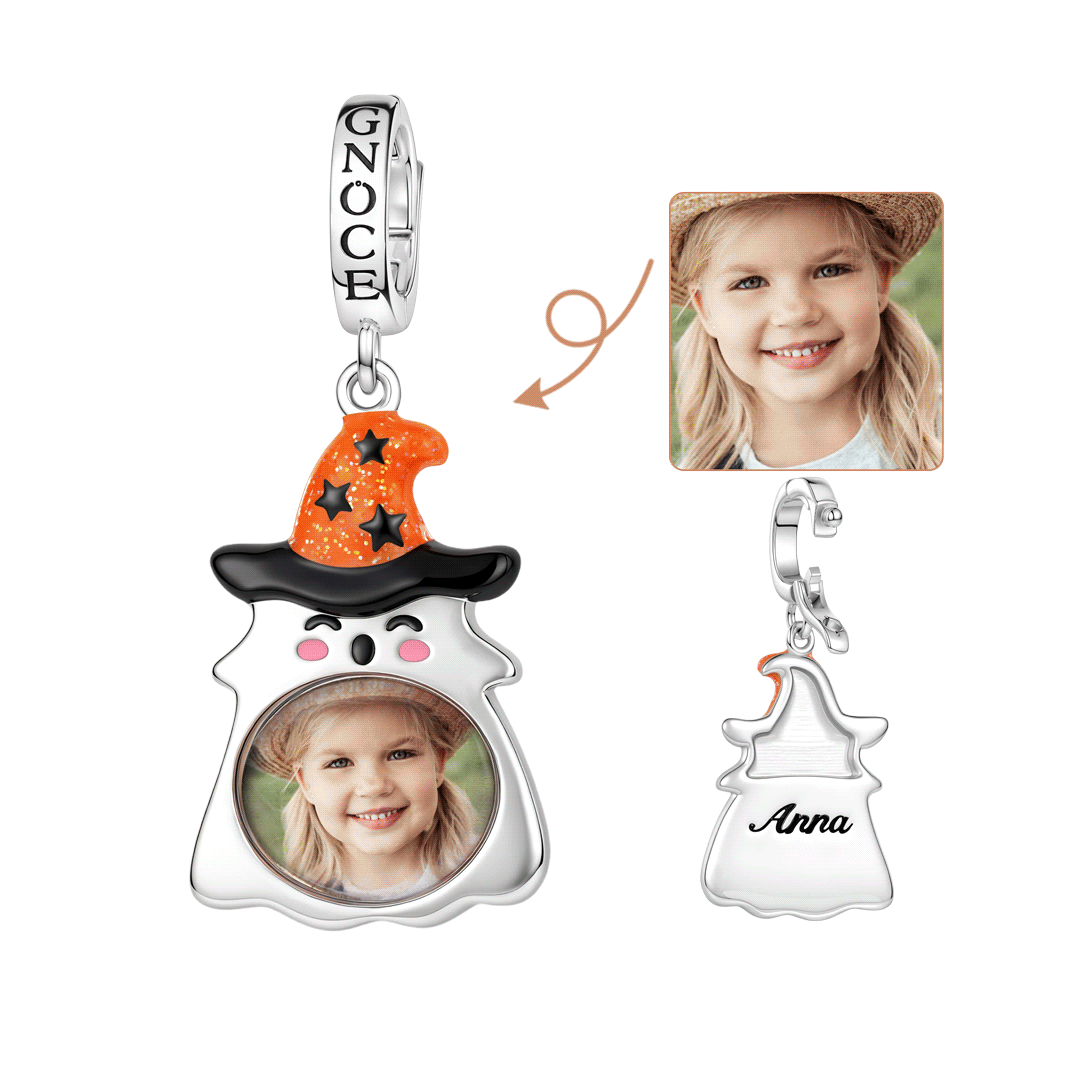 Gnoce Glow-in-the-dark Halloween Ghost Witch Hat Photo Engravable Clasp Dangle Charm Platinum-plated Silver Blend_1
