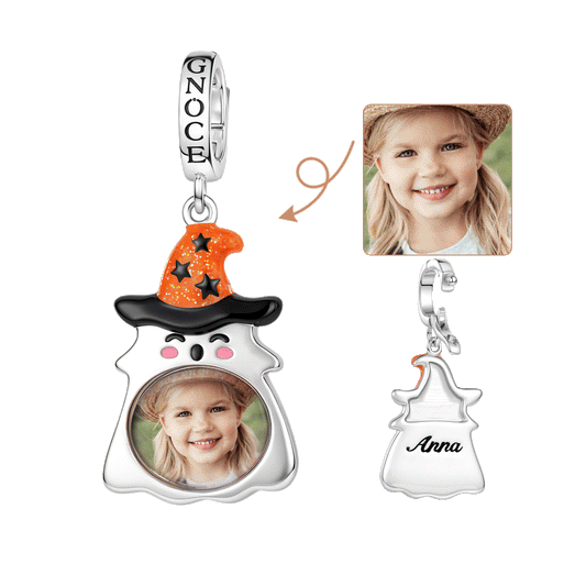 Gnoce Glow-in-the-dark Halloween Ghost Witch Hat Photo Engravable Clasp Dangle Charm Platinum-plated Silver Blend_1