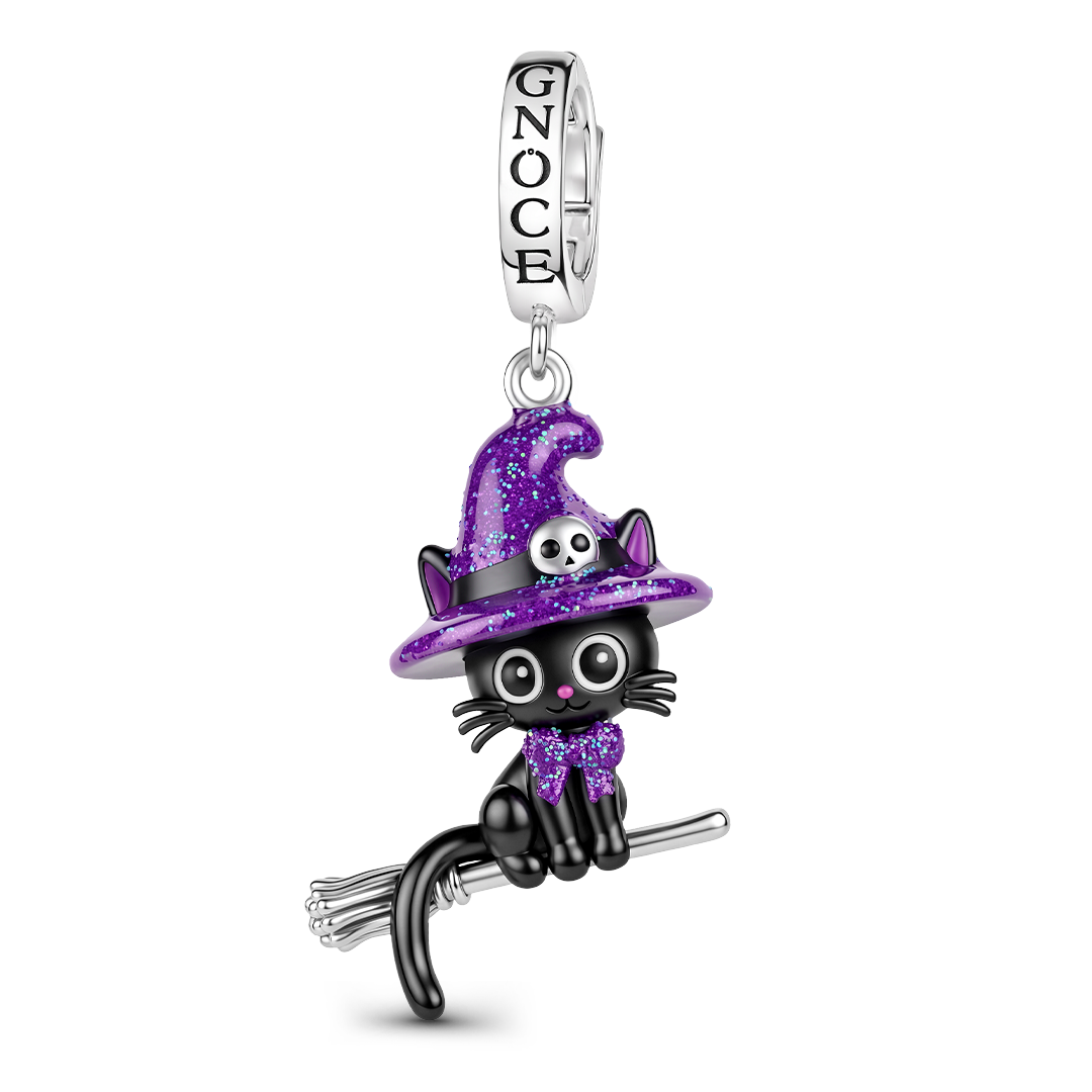 Gnoce Glow-in-the-dark Halloween Flying Witch Black Cat Clasp Dangle Charm Platinum-plated Silver Blend_2