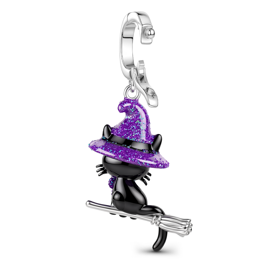 Gnoce Glow-in-the-dark Halloween Flying Witch Black Cat Clasp Dangle Charm Platinum-plated Silver Blend_6