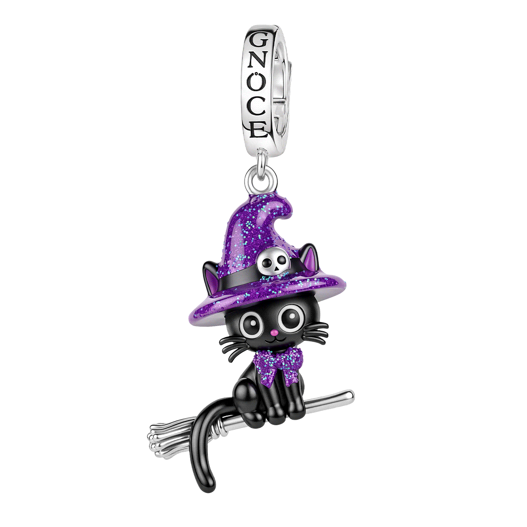 Gnoce Glow-in-the-dark Halloween Flying Witch Black Cat Clasp Dangle Charm Platinum-plated Silver Blend_1