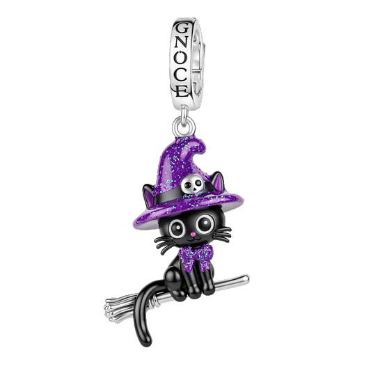 Gnoce Glow-in-the-dark Halloween Flying Witch Black Cat Clasp Dangle Charm Platinum-plated Silver Blend_1
