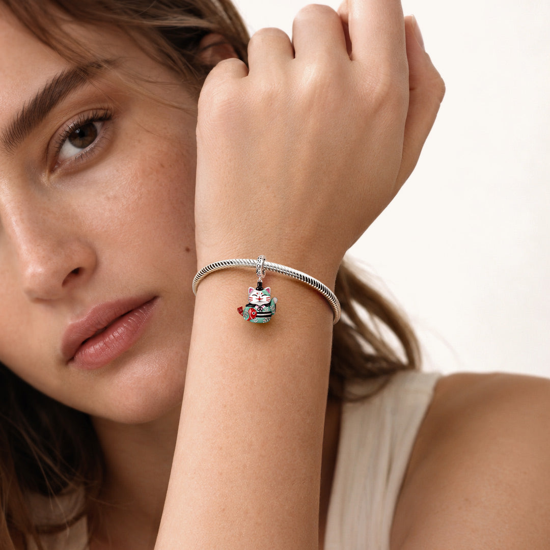 Gnoce Japanese Glow‑in‑the‑Dark Lucky Cat Clasp Dangle Charm Platinum‑plated Silver Blend_5
