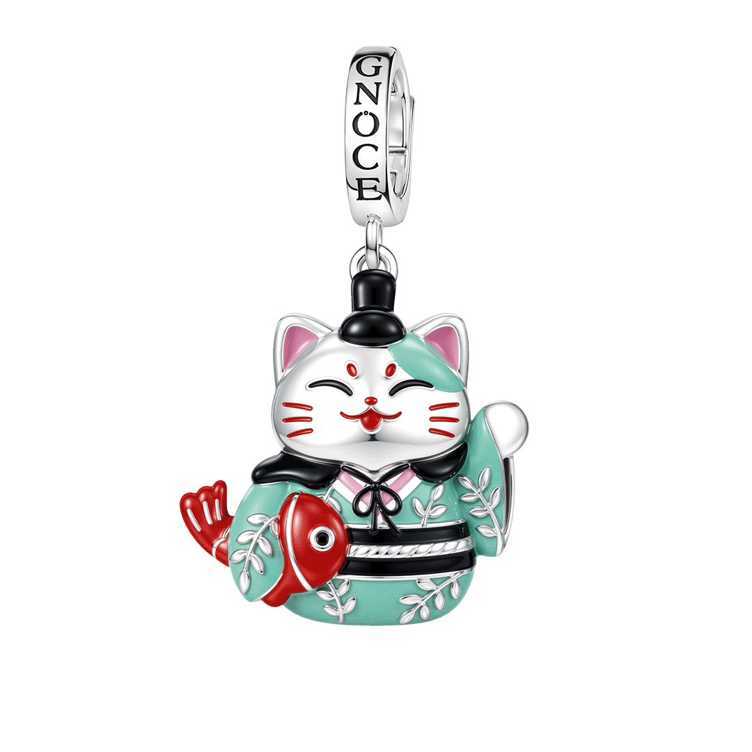 Gnoce Japanese Glow‑in‑the‑Dark Lucky Cat Clasp Dangle Charm Platinum‑plated Silver Blend_1