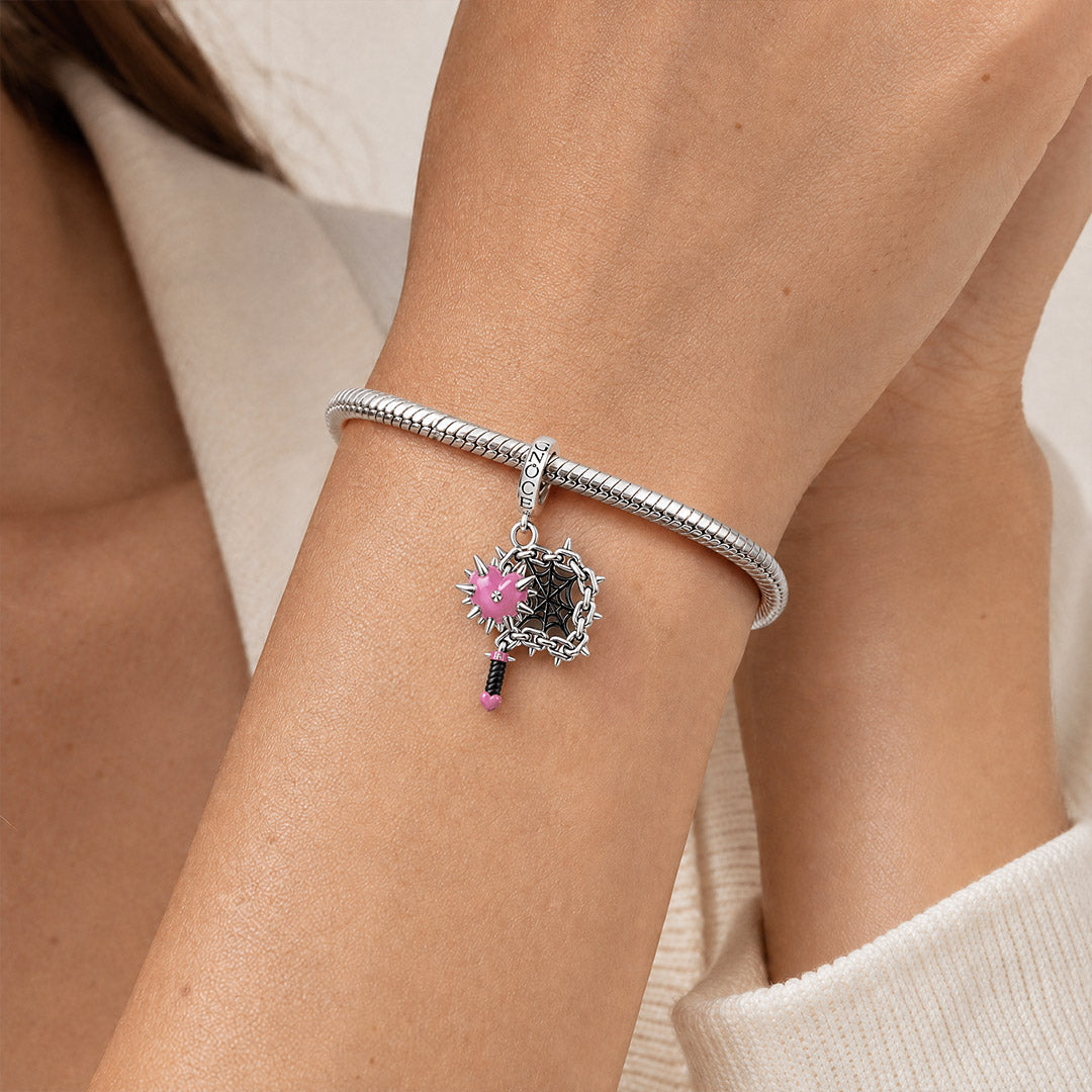 Gnoce Pink Punk C Shape Mace Spider Web Clasp Dangle Charm Platinum-plated Silver Blend_2