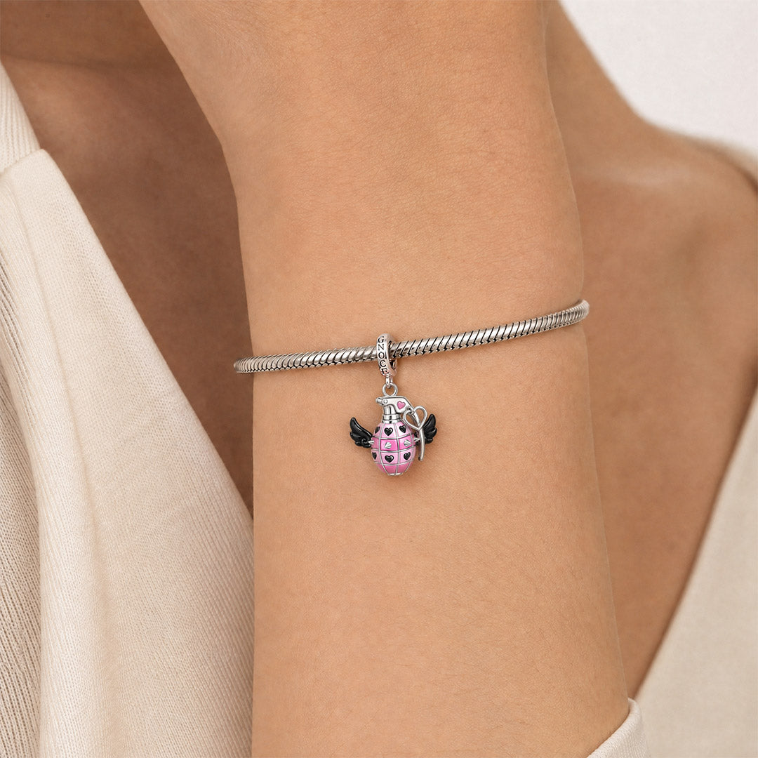 Gnoce Pink Punk Grenade Clasp Dangle Charm Platinum-plated Silver Blend_2