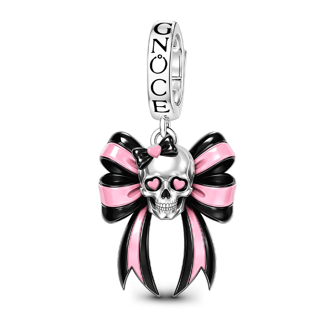 Gnoce Pink Punk Bow Skull Clasp Dangle Charm Platinum-plated Silver Blend_1