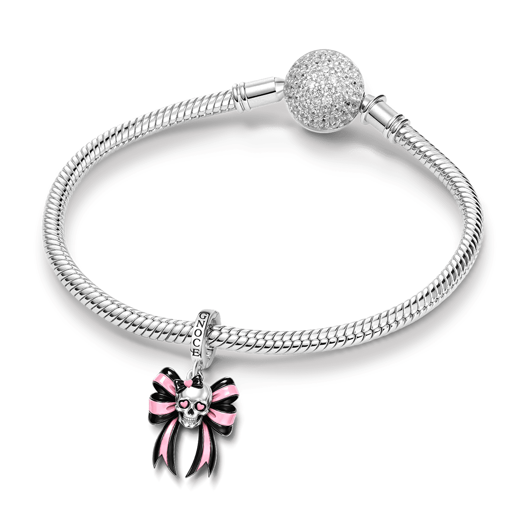 Gnoce Pink Punk Bow Skull Clasp Dangle Charm Platinum-plated Silver Blend_3