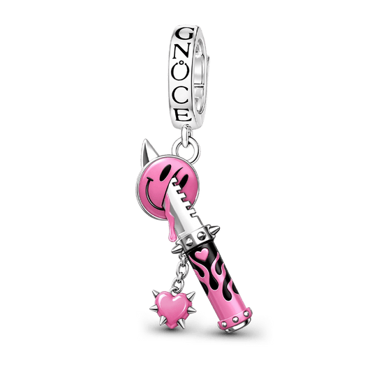Gnoce Pink Punk Dagger Smile Face Clasp Dangle Charm Platinum-plated Silver Blend_1