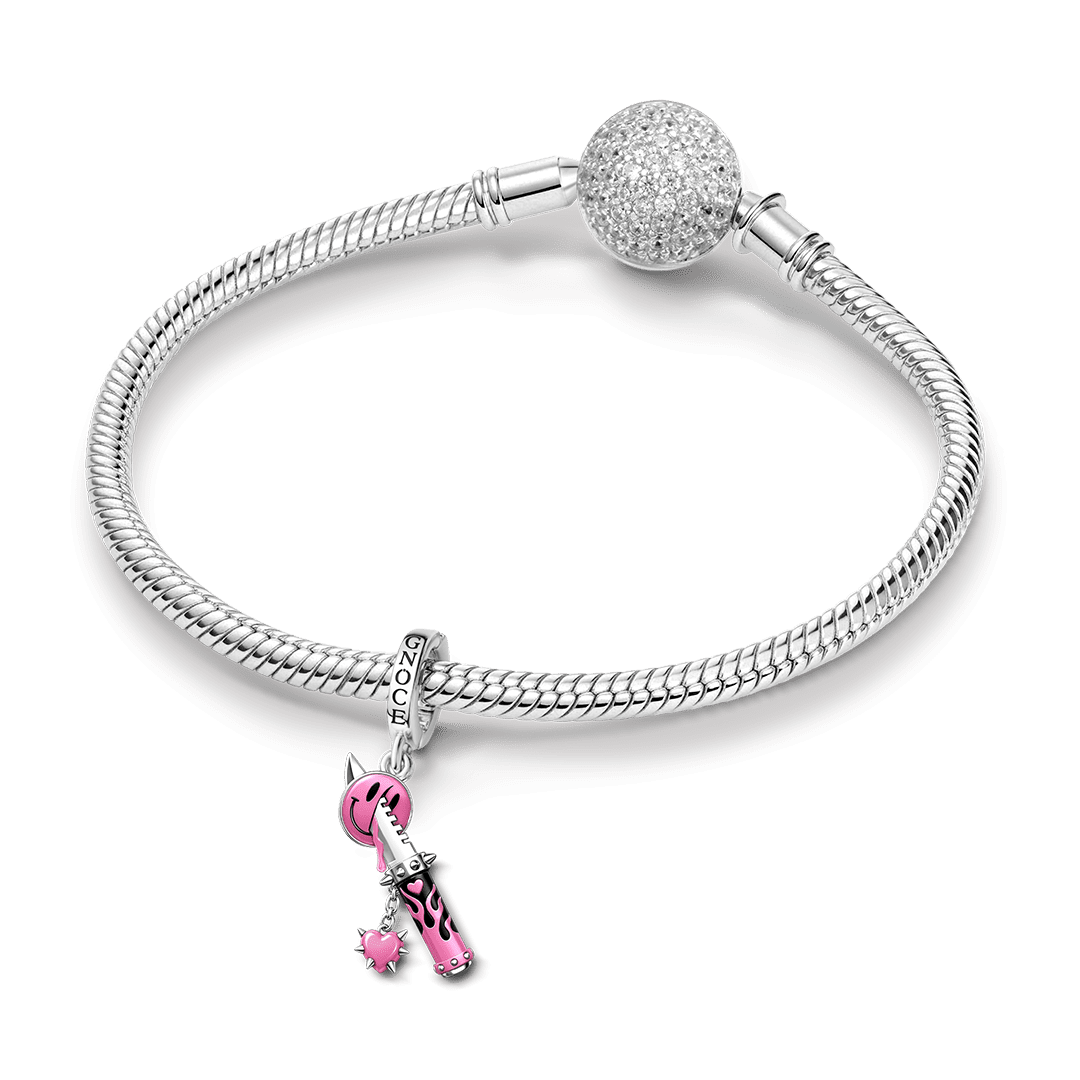 Gnoce Pink Punk Dagger Smile Face Clasp Dangle Charm Platinum-plated Silver Blend_3