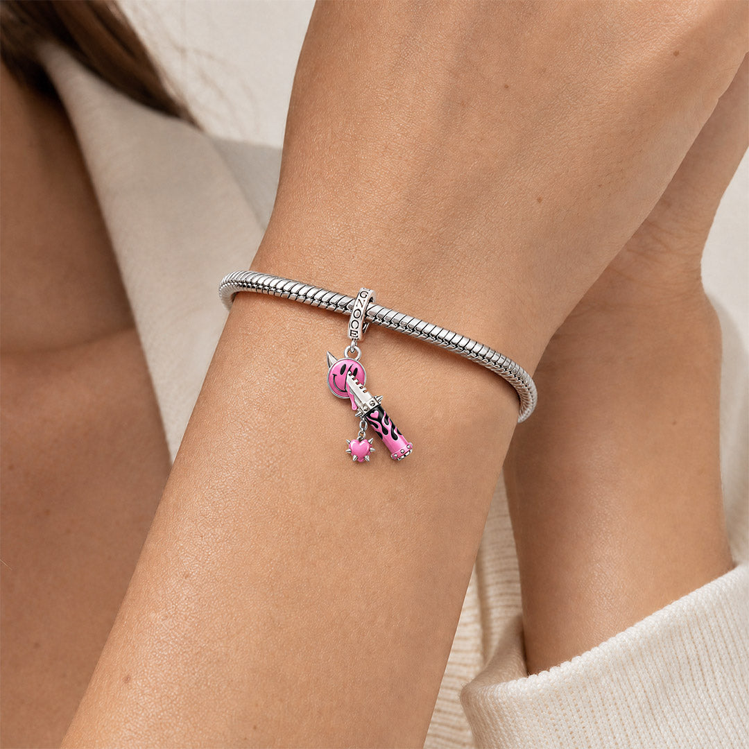 Gnoce Pink Punk Dagger Smile Face Clasp Dangle Charm Platinum-plated Silver Blend_2