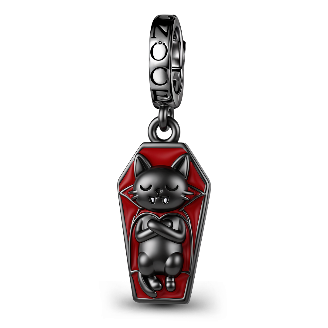 Gnoce Halloween Black Cat Coffin Dangle Charm Black Gold-plated Silver Blend_1