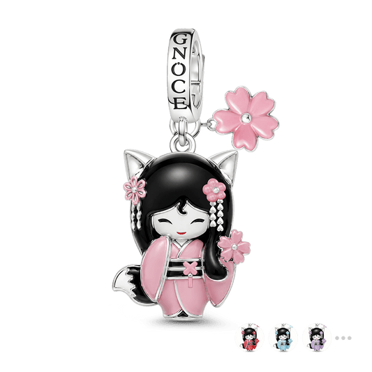 Gnoce Japanese Kokeshi Girl Clasp Dangle Charm Platinum-plated Silver Blend_1