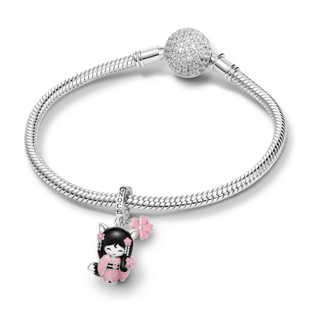 Gnoce Japanese Kokeshi Girl Clasp Dangle Charm Platinum-plated Silver Blend_4