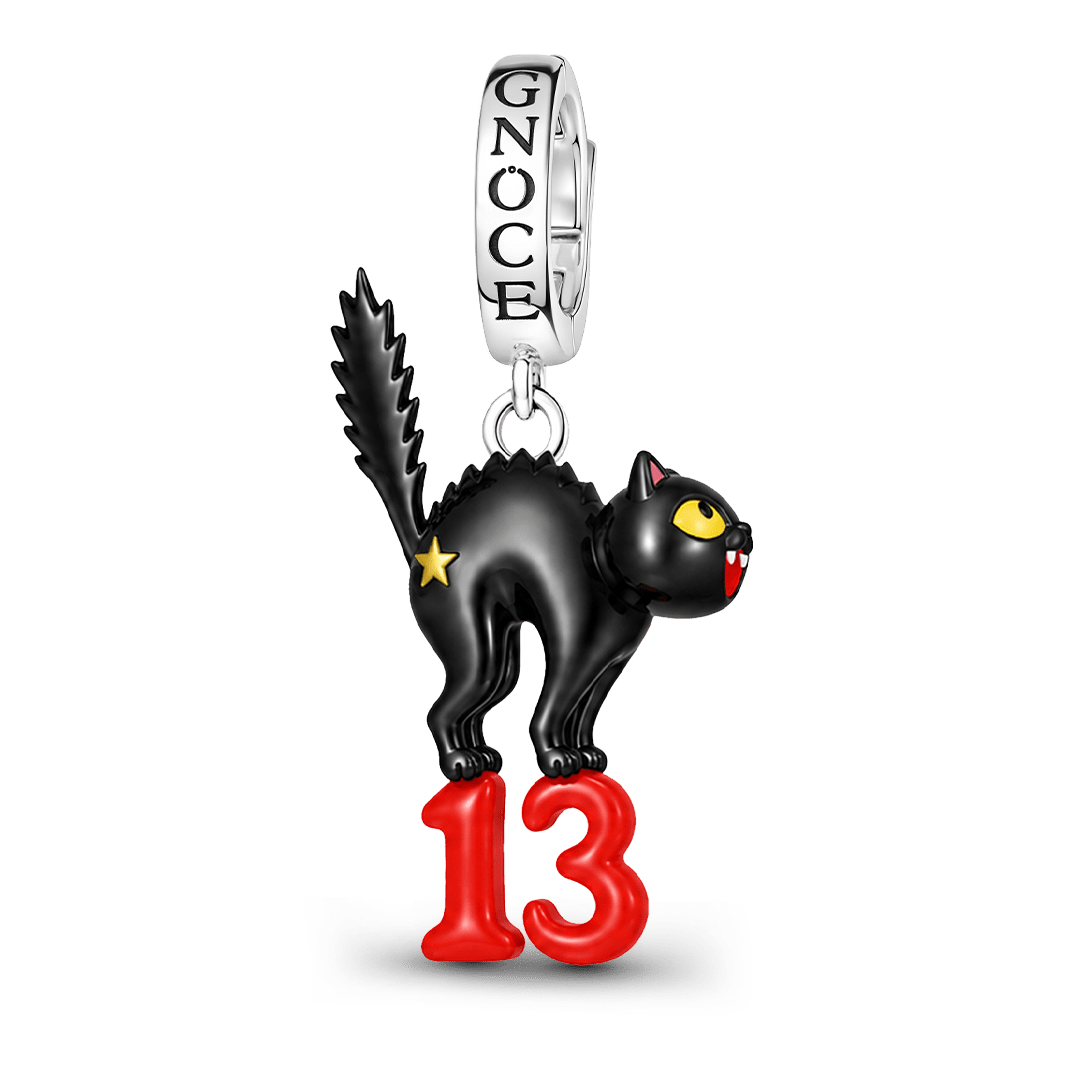 Gnoce Glow-in-the-dark Halloween Punk Black Cat Number 13 Clasp Dangle Charm Black Gold-plated Silver Blend_2