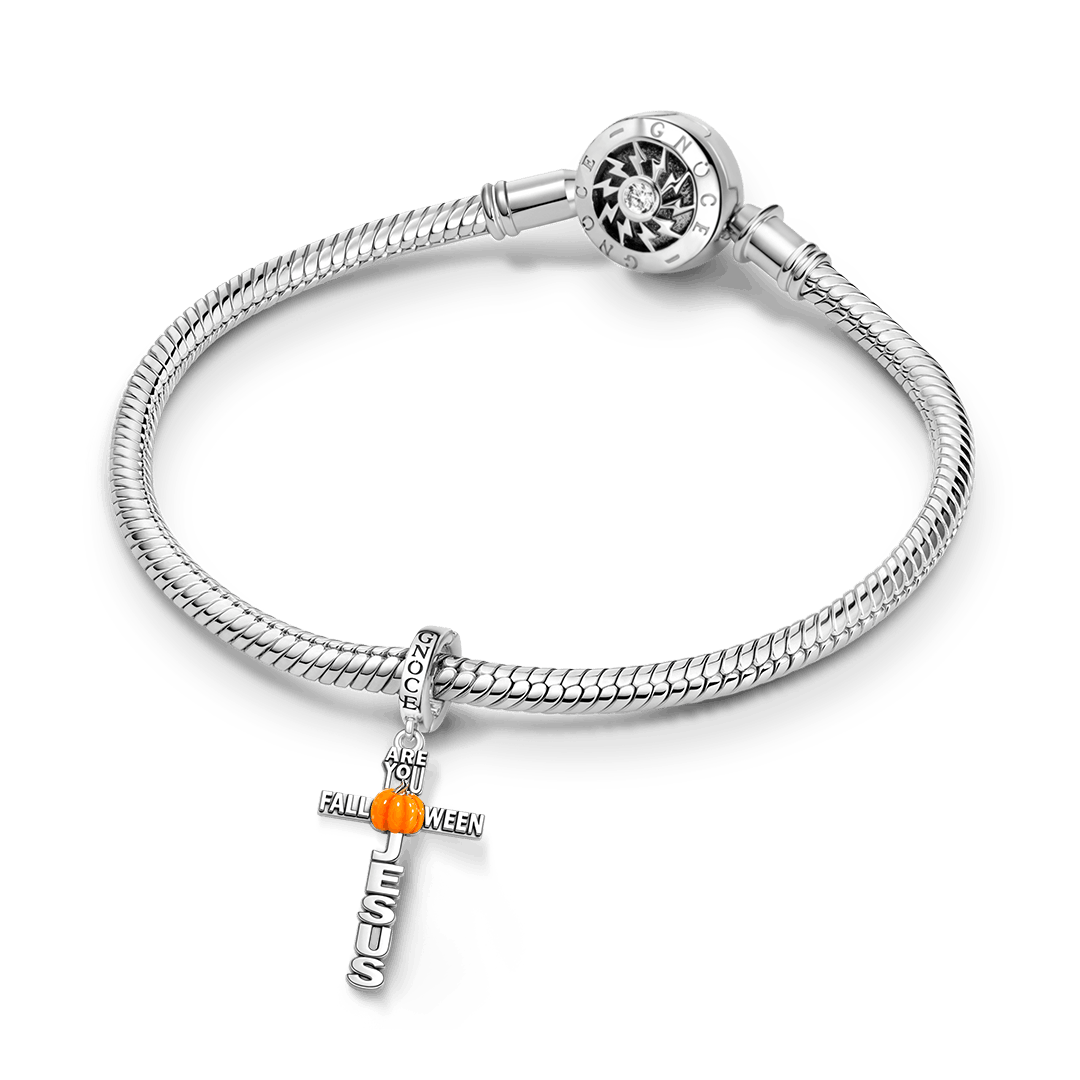 Gnoce Halloween Cross Pumpkin Clasp Dangle Charm Platinum‑plated Silver Blend_3