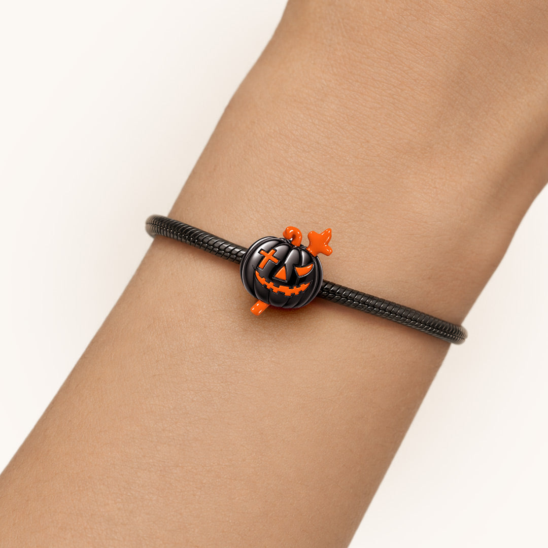 Gnoce Glow‑in‑the‑dark Halloween Cross Pumpkin Through‑hole Base Bead Charm Platinum‑plated Silver Blend_3