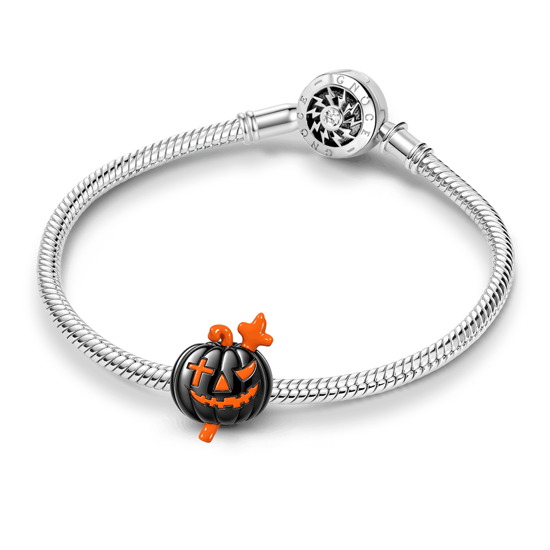 Gnoce Glow‑in‑the‑dark Halloween Cross Pumpkin Through‑hole Base Bead Charm Platinum‑plated Silver Blend_4