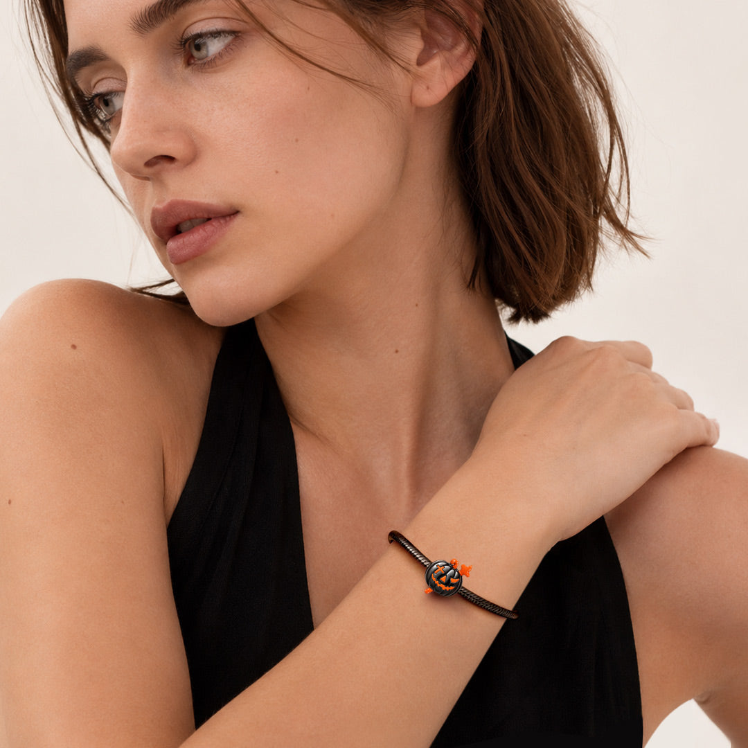 Gnoce Glow‑in‑the‑dark Halloween Cross Pumpkin Through‑hole Base Bead Charm Platinum‑plated Silver Blend_5