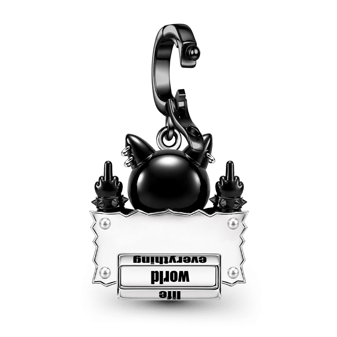 Gnoce Halloween Punk Black Cat Middle Finger Rotatable Clasp Dangle Charm Black Gold-plated Silver Blend_8