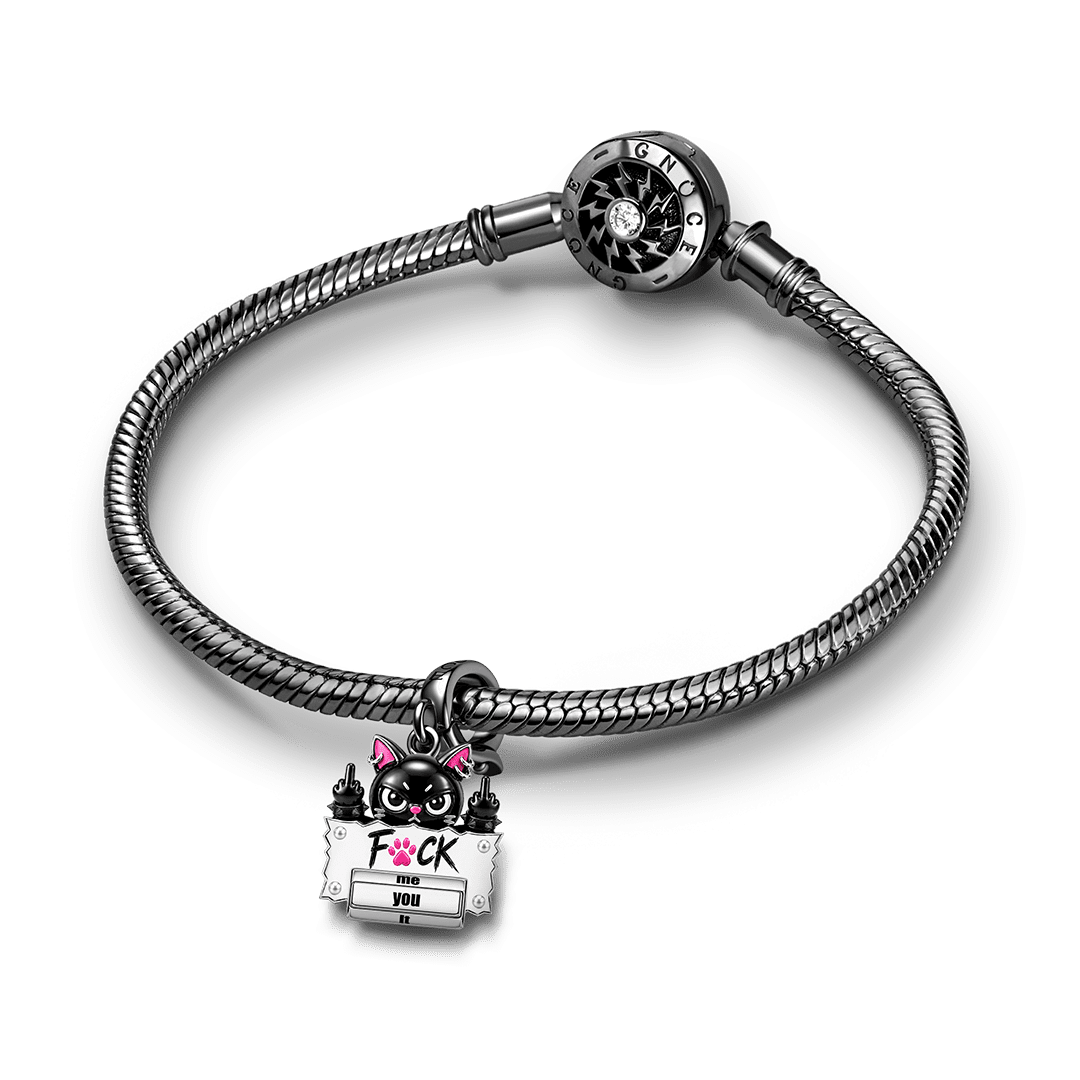 Gnoce Halloween Punk Black Cat Middle Finger Rotatable Clasp Dangle Charm Black Gold-plated Silver Blend_4