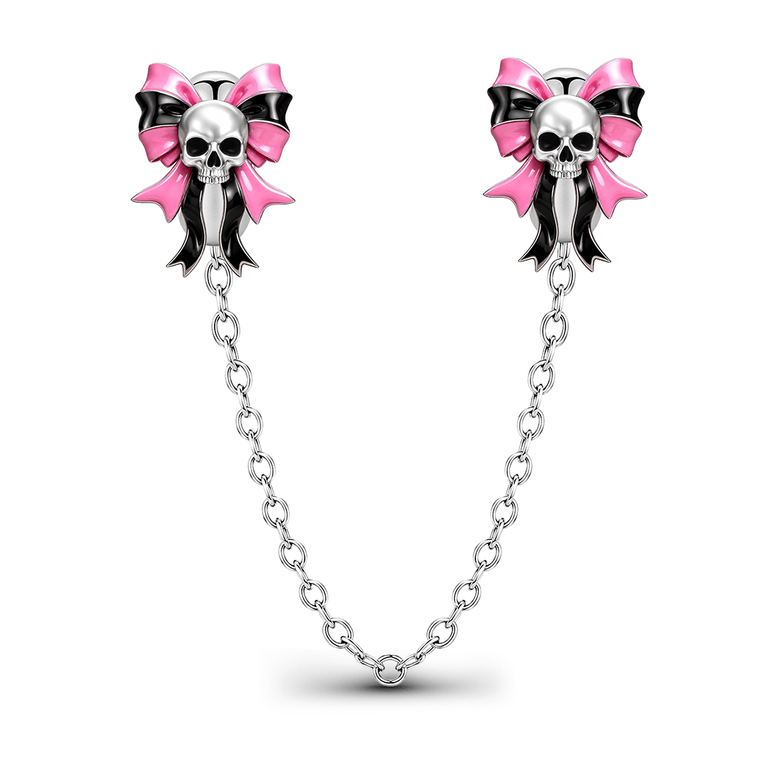 Gnoce Pink Punk Halloween Skull Bow Safety Chain Bead Platinum-plated Silver Blend_1