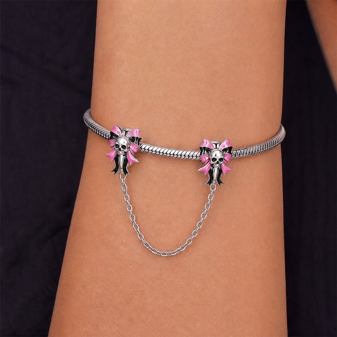 Gnoce Pink Punk Halloween Skull Bow Safety Chain Bead Platinum-plated Silver Blend_2