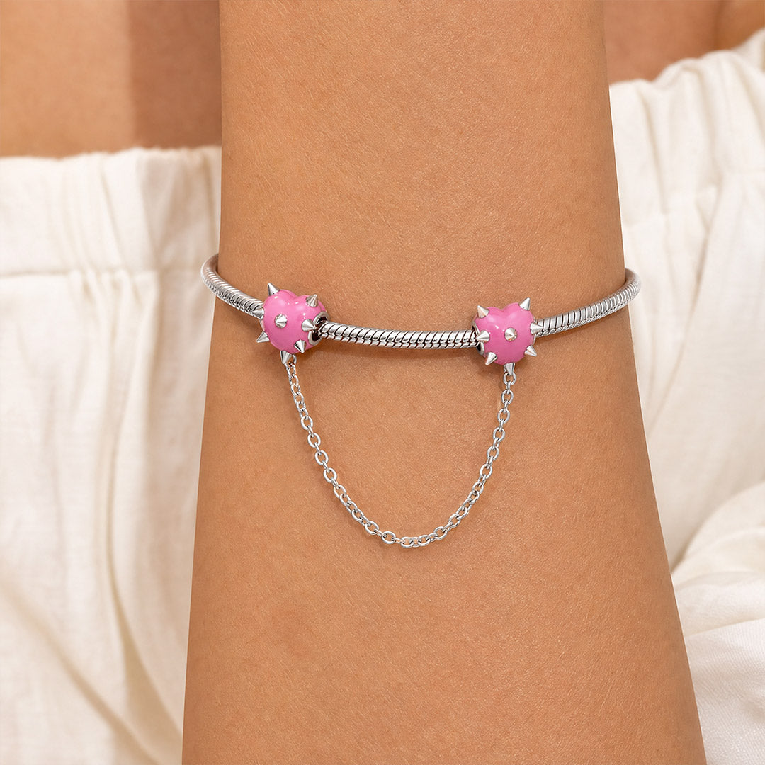 Gnoce Pink Punk Spiked Heart Safety Chain Bead Platinum-plated Silver Blend_2