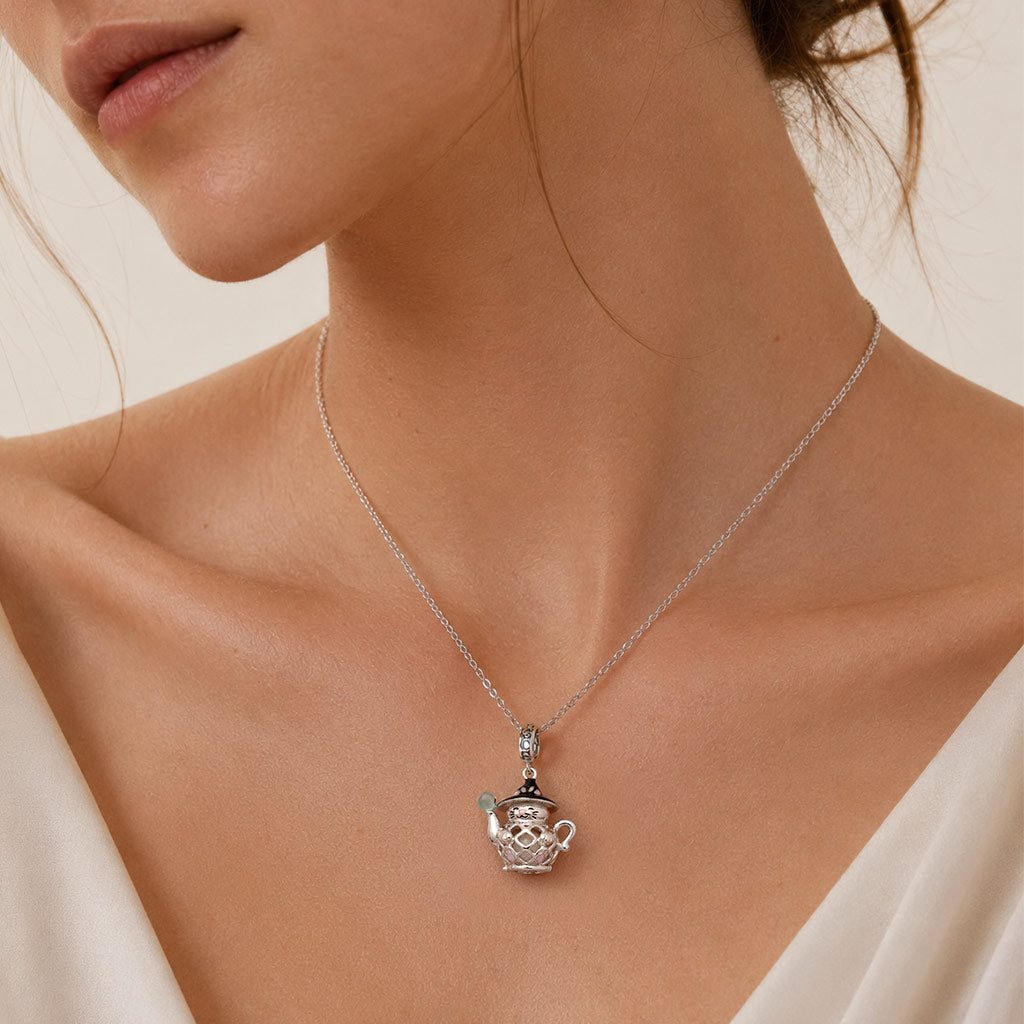 Gnoce Glow-in-the-dark Wizard Cat Teapot LED Clasp Dangle Charm Platinum-plated Silver Blend_3