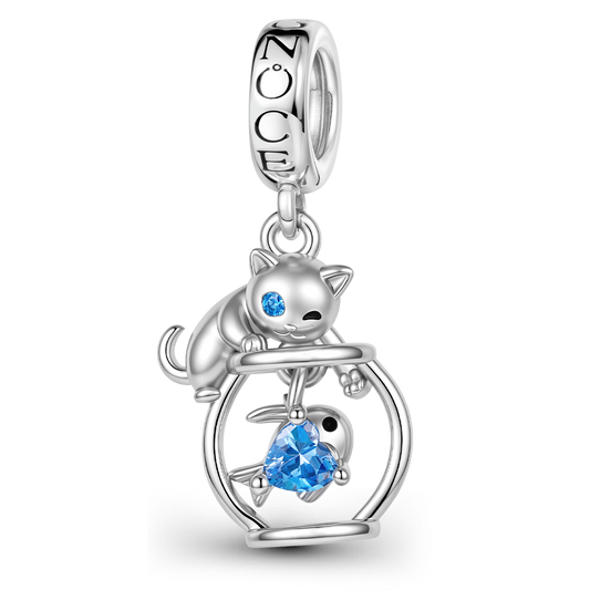 Gnoce Cat Catching Fishbowl Dangle Charm Platinum-plated Silver Blend_1