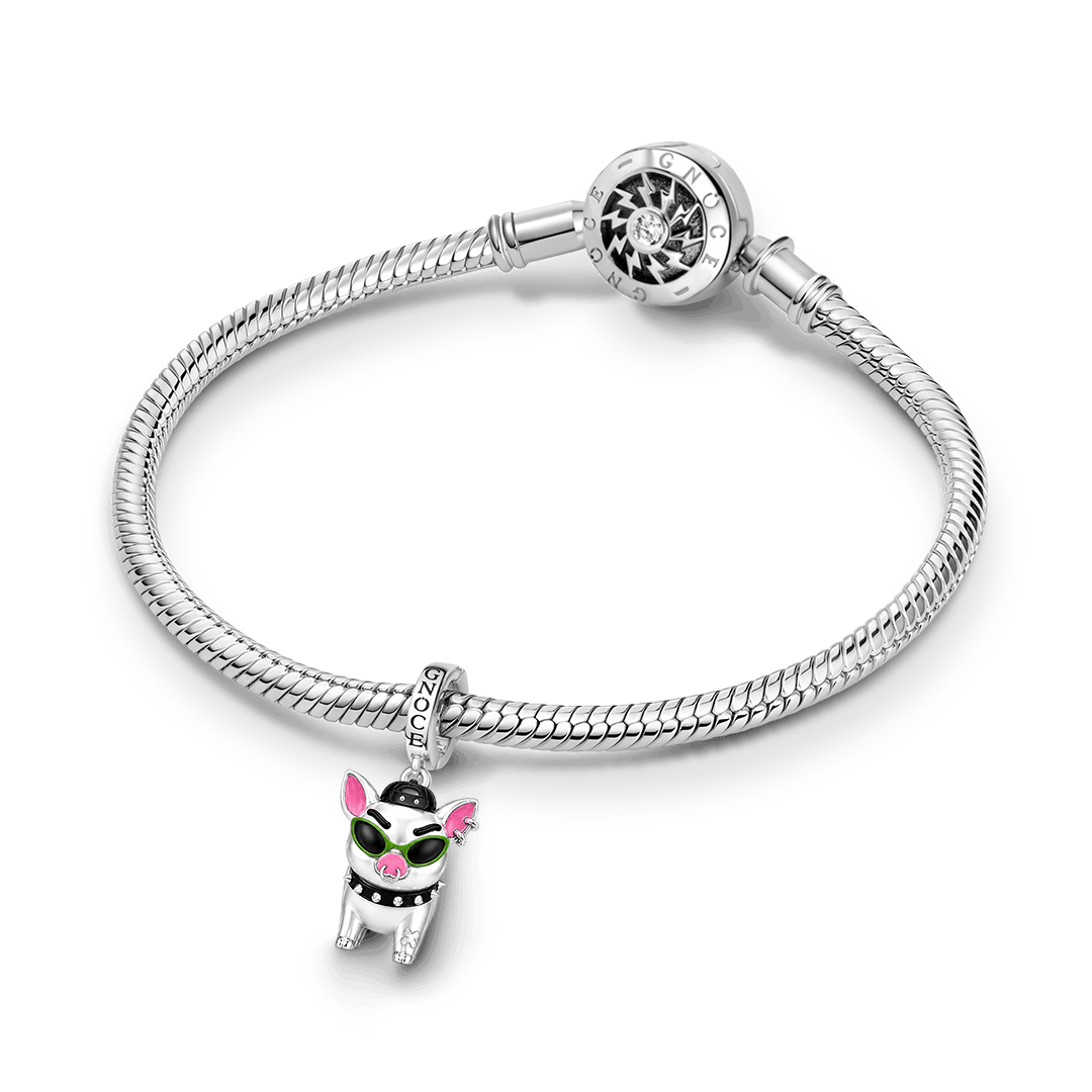 Gnoce Punk Glow‑in‑the‑dark Carefree Pig Rebel Clasp Dangle Charm Platinum‑plated Silver Blend_4