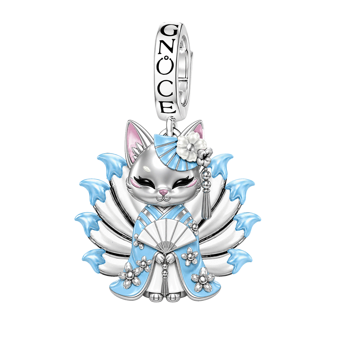 Gnoce Japanese Nine-tailed Fox Blue Fan Clasp Dangle Charm Glow-in-the-dark Platinum-plated Silver Blend_1