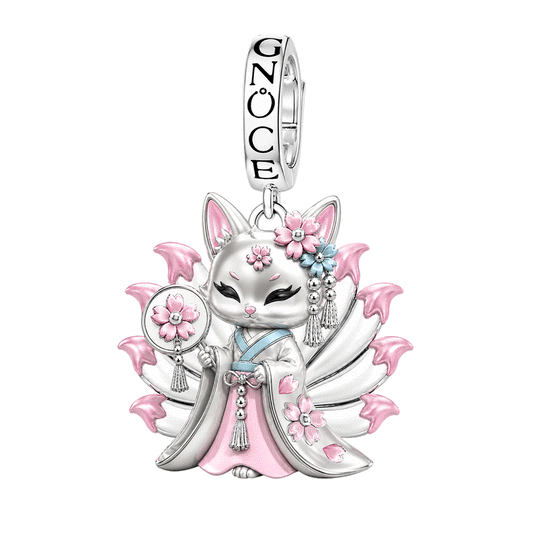 Gnoce Japanese Nine-tailed Fox Pink Cherry Blossom Clasp Dangle Charm Glow-in-the-dark Platinum-plated Silver Blend_1
