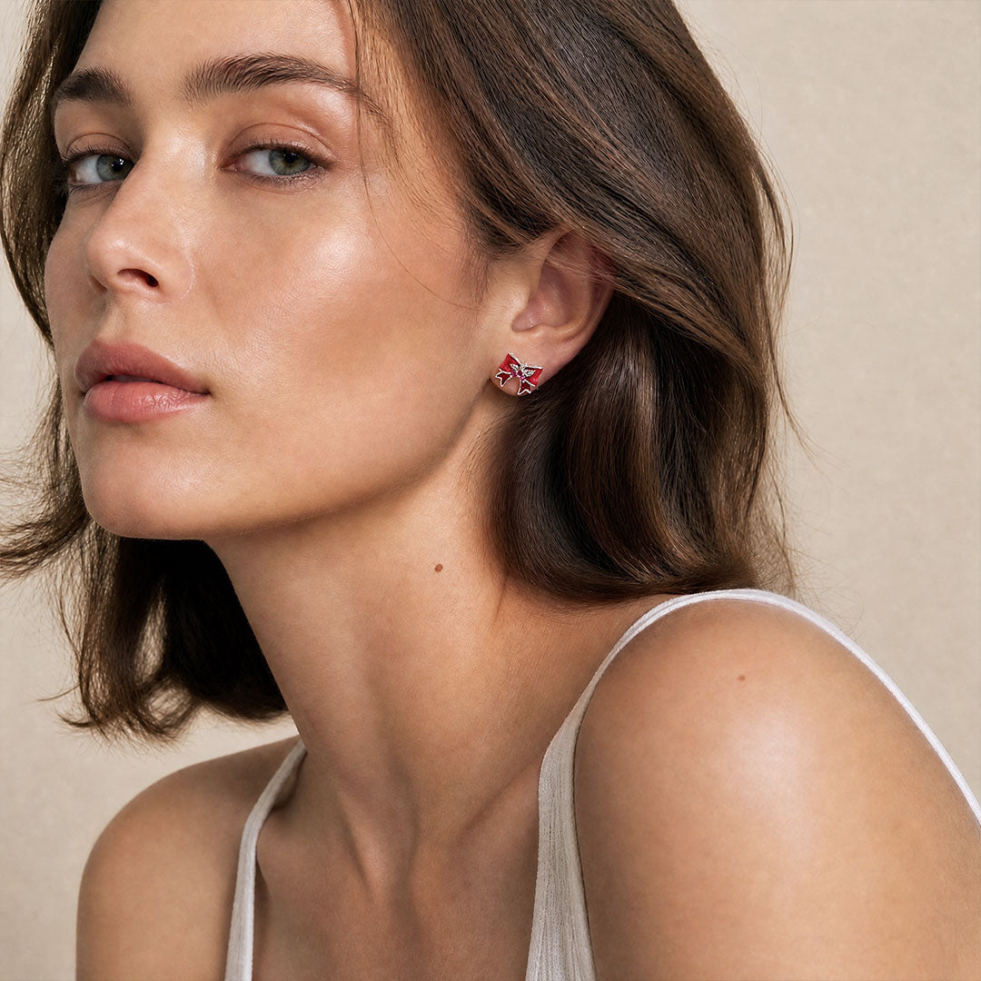 Gnoce Red Bow Holly Pattern Stud Earrings_3
