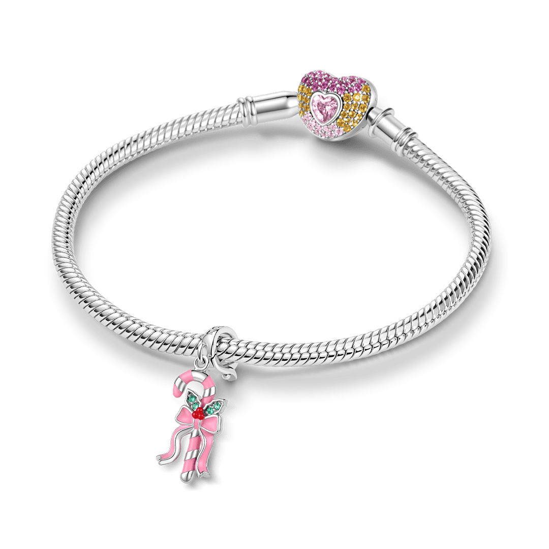 Gnoce Pink Christmas Series Candy Cane Clasp Dangle Charm Platinum-plated Silver Blend_3