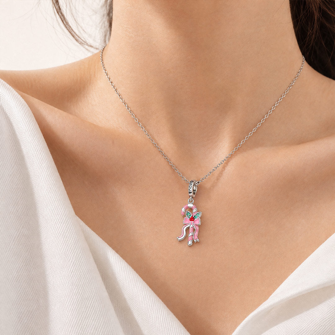 Gnoce Pink Christmas Series Candy Cane Clasp Dangle Charm Platinum-plated Silver Blend_2