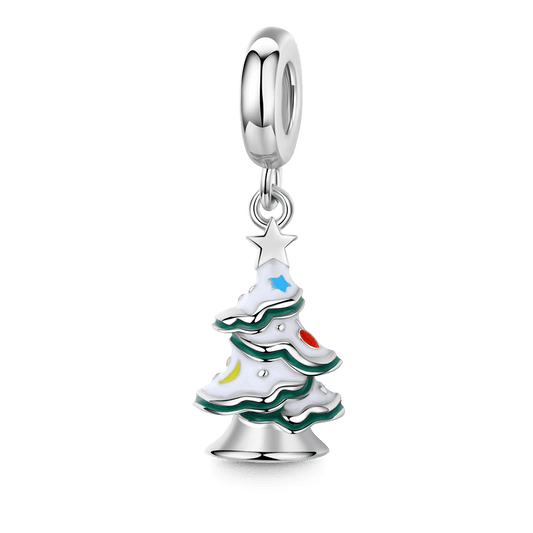 Christmas Tree with Snow and Colored Starmoon & Balls Pendant Dangle Charm 925 Sterling Silver_1